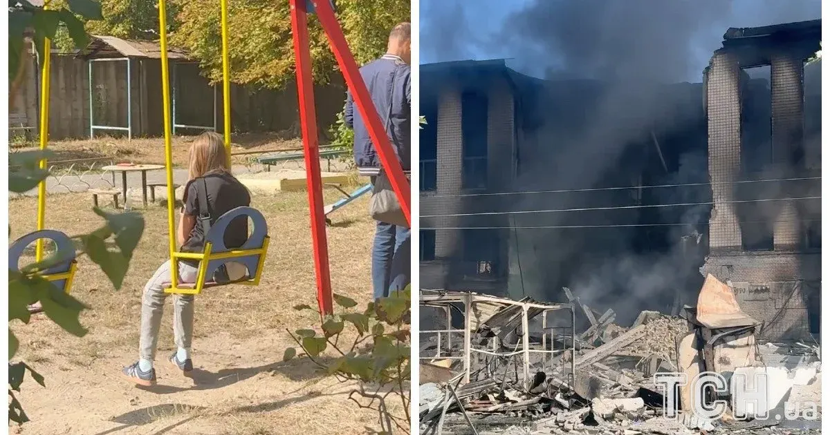 У Києві після обстрілу дівчинка гойдається поруч із палаючою будівлею